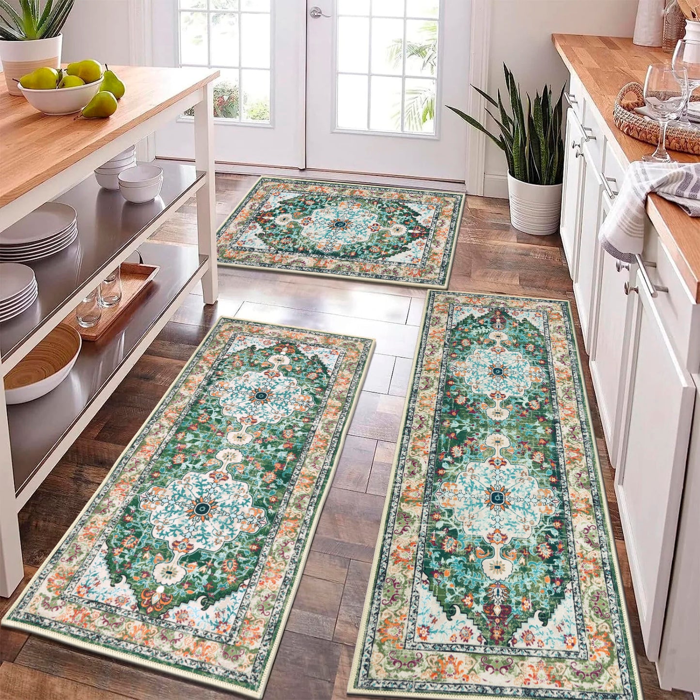 Washable Kitchen Runner Rug Vintage Farmhouse Non Slip Accent Carpet Runner Set of 3 Grey