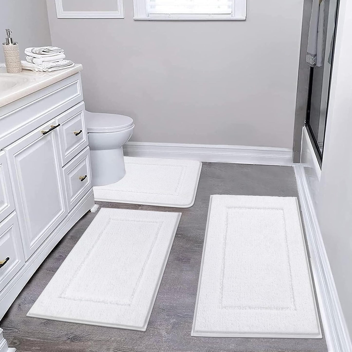 HEBE Bathroom Rug Mat Set 3 Piece, Microfiber Shaggy Bath Mat Set