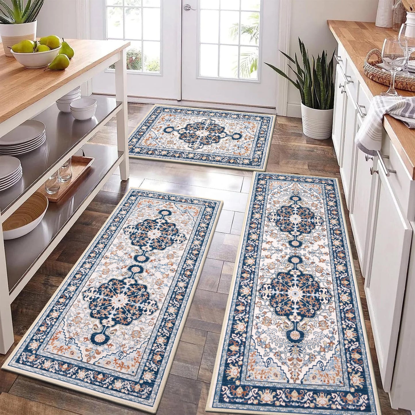 Washable Kitchen Runner Rug Vintage Farmhouse Non Slip Accent Carpet Runner Set of 3 Grey