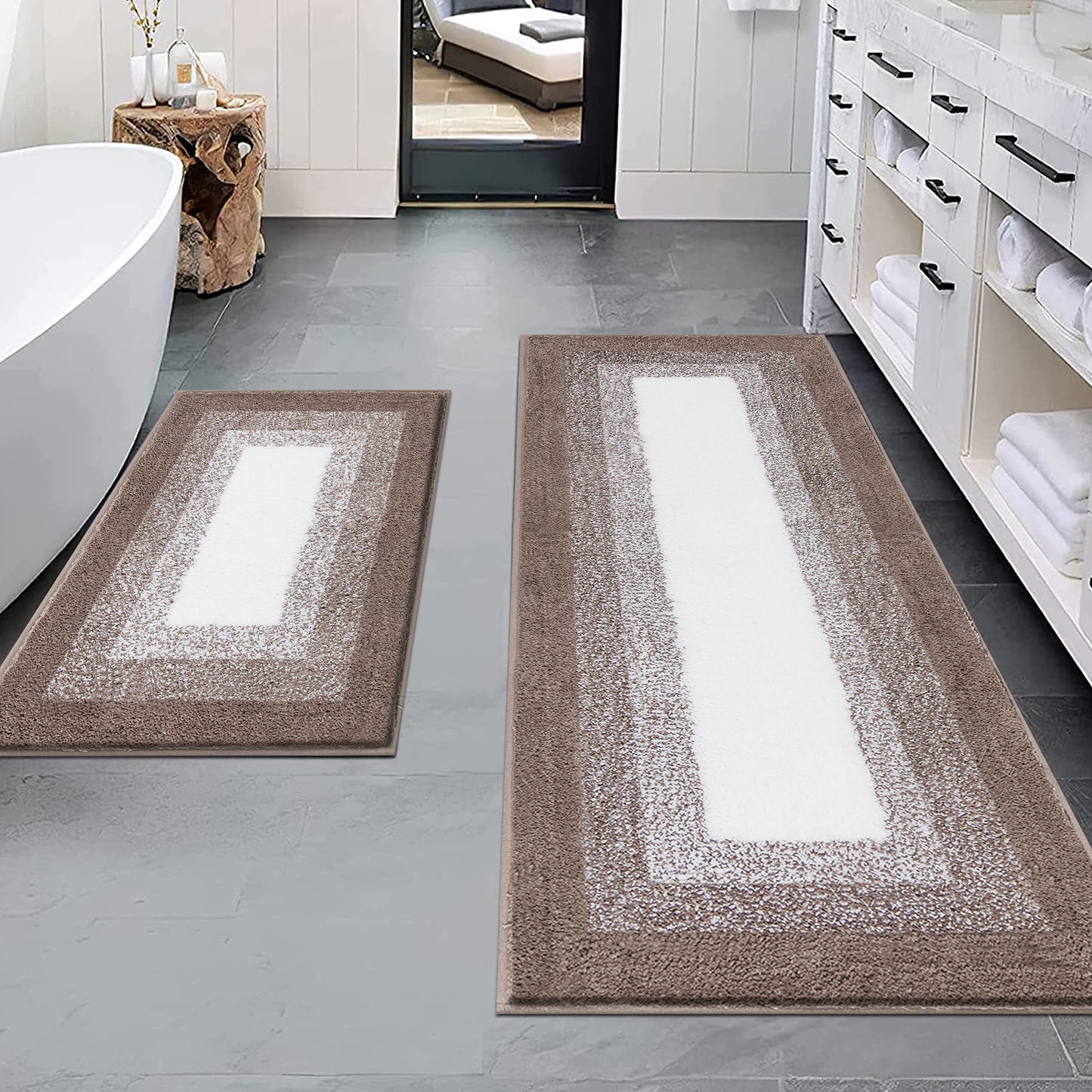 HEBE Bathroom Rug Set 2 Piece, Non-Slip Plush Shaggy Bath Mat, Soft Shaggy Absorbent Microfiber Bath Rugs Machine Washable Bath Mat with U-Shaped Toilet Mat for Bathroom