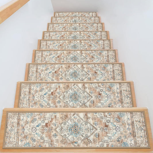 Carpet Stair Treads for Wooden Steps Indoor 8" X 30" Peel and Stick Stair Treads Non Slip Staircase Step Treads Reusable Stair Runner Rugs for Dogs, Kids and Elders, Cream Tan