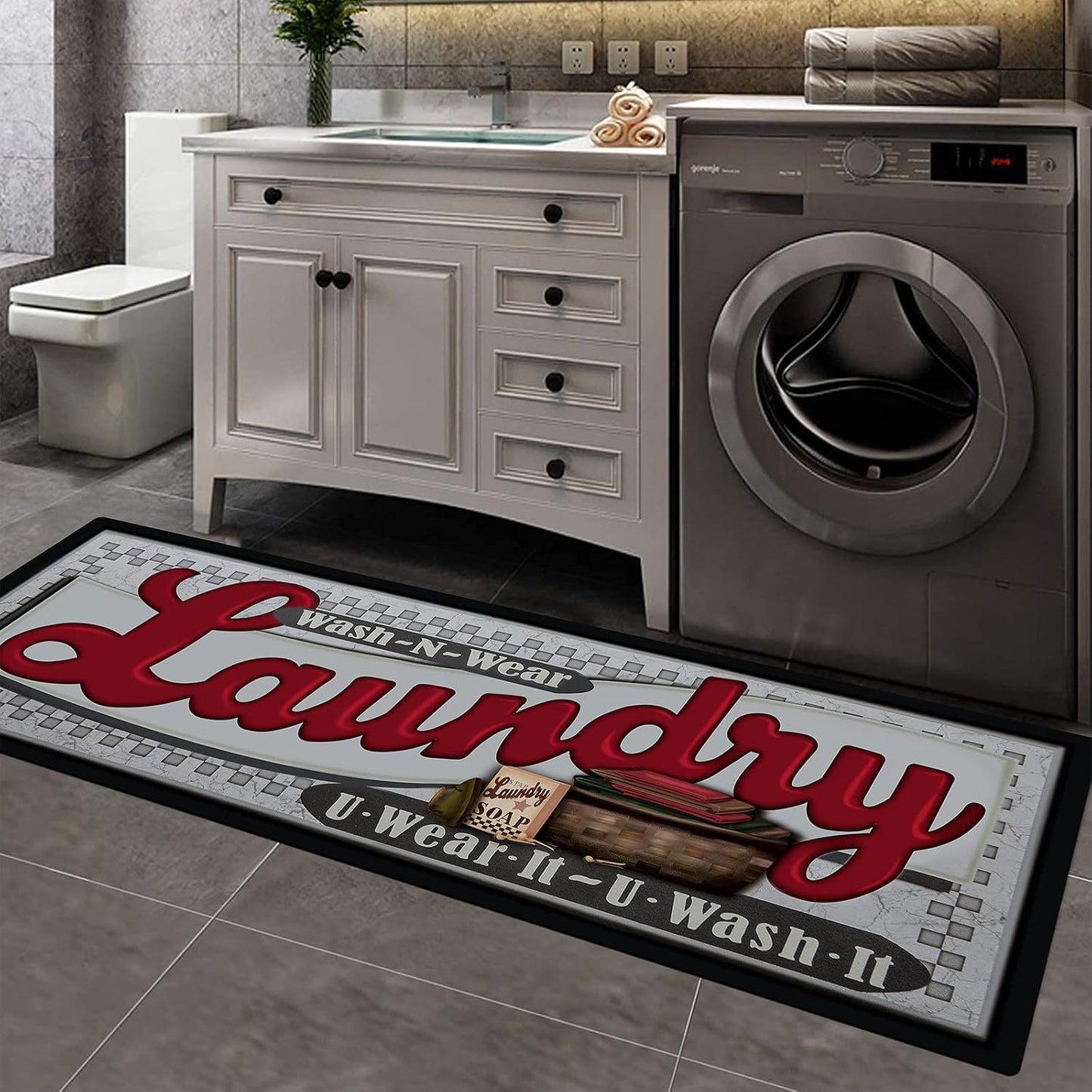 Laundry Room Rug Runner  Non Slip Waterproof Rubber Backing Laundry Mat