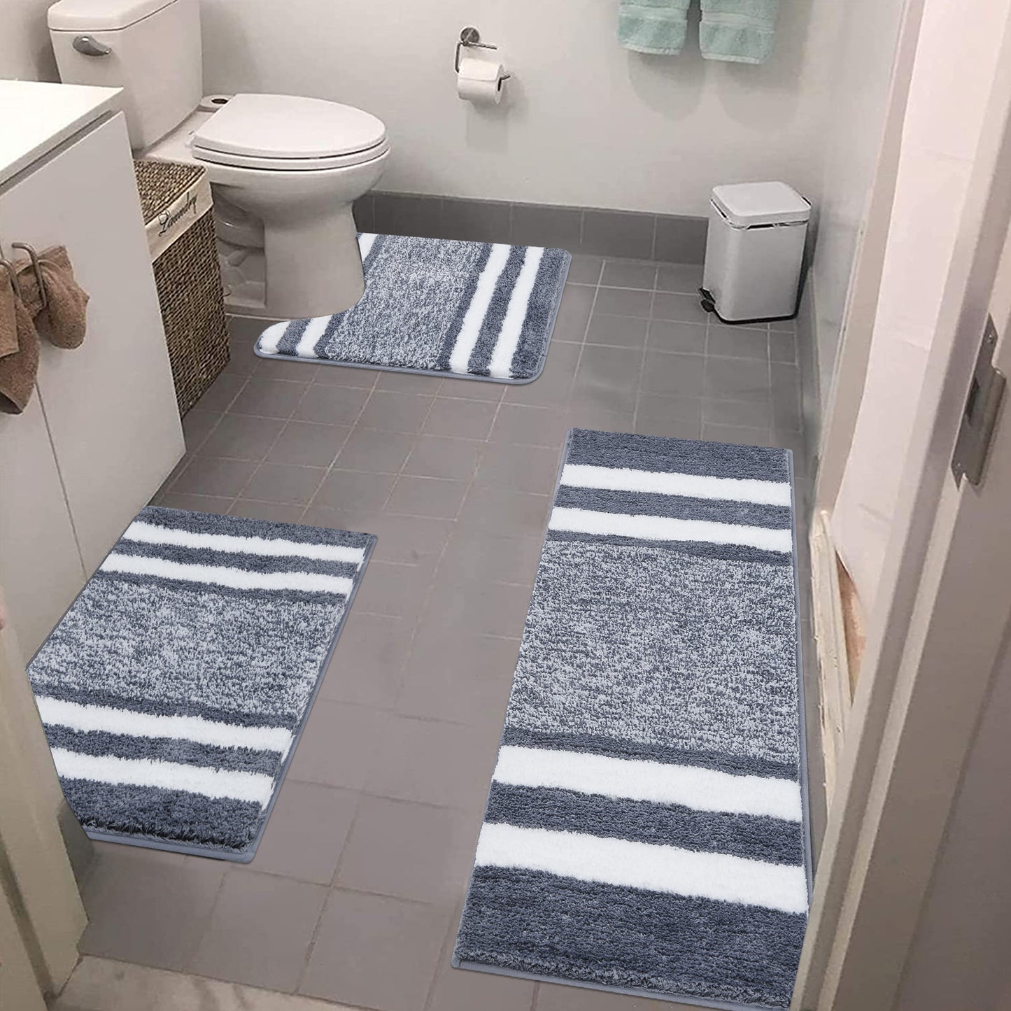 HEBE Bathroom Rugs Sets 3 Piece Bathroom Shower Rugs with U-Shaped Contour Toilet Mat Absorbent Microfiber Plush Bath Mats Non Slip Bath Rugs Machine Washable Shaggy Bath Mat Set, Dark Grey