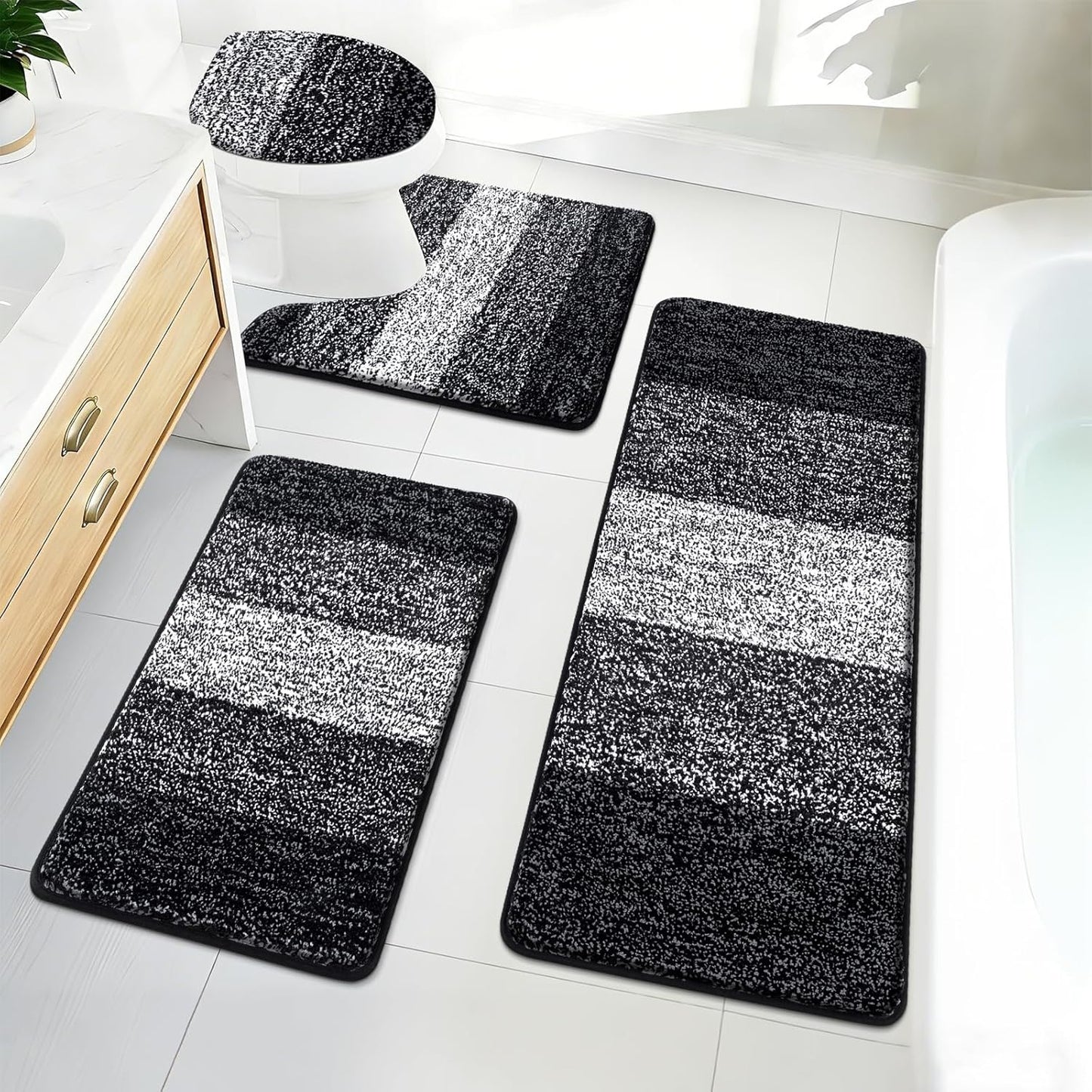 Bath Rug Sets 4 Piece, Soft Absorbent Microfiber Bathroom Rugs with Contour Rug and Lid Cover