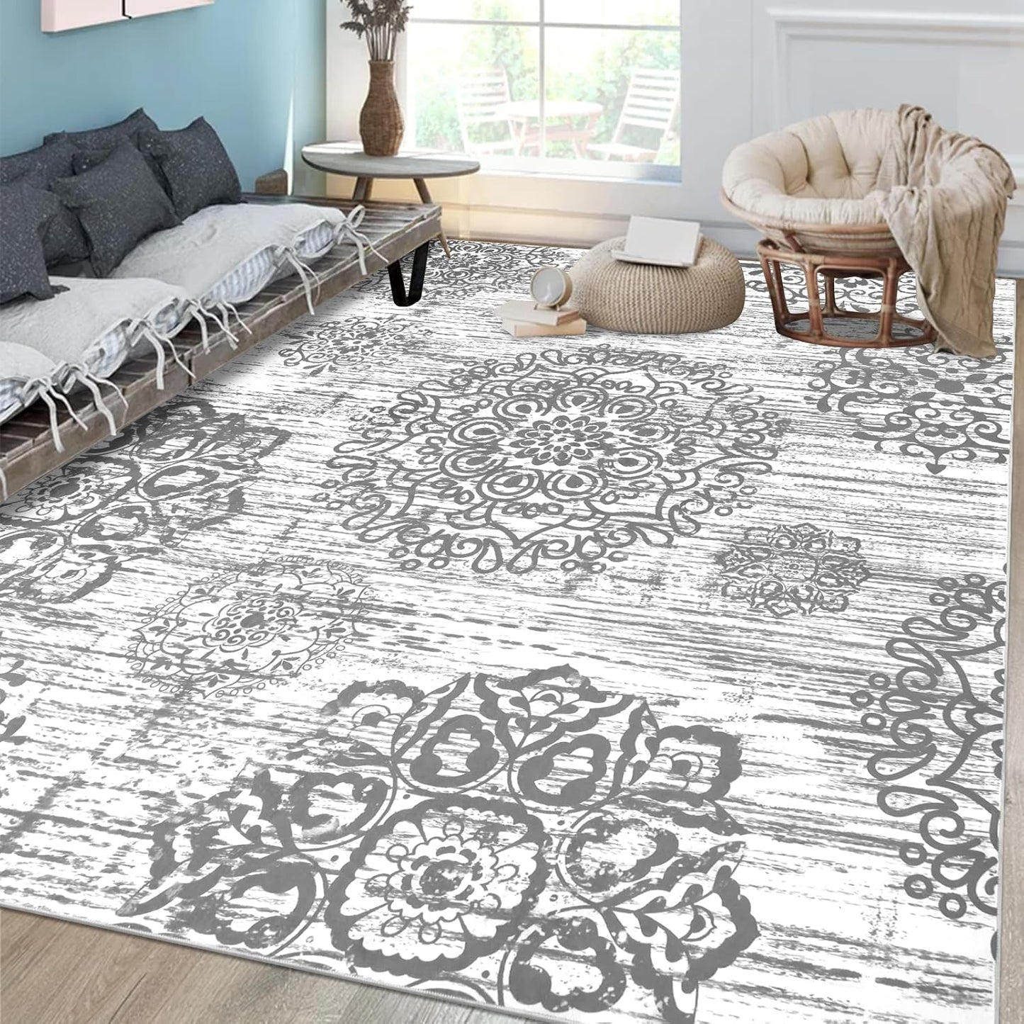 Washable Area Rug Non Slip Soft Distressed Medallion Bedroom & Living Room Rugs Vintage Entry Floor Carpet for Dining Room Bathroom Entryway