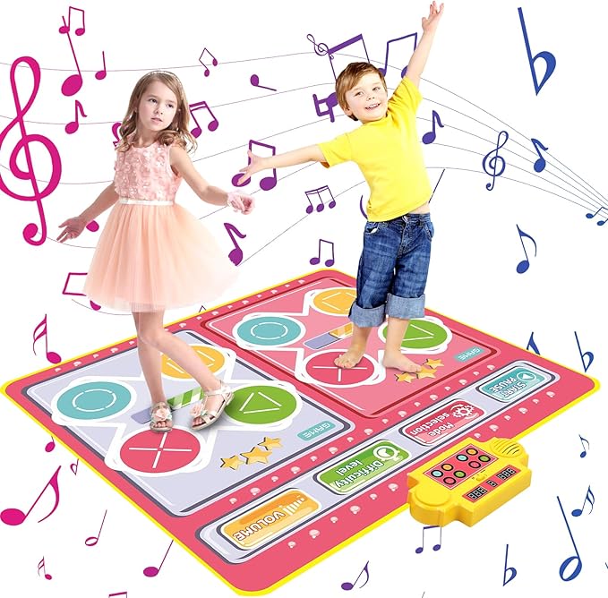 Dance Mat for Kids 1 Player,2 Player, Musical Dance Game Pad with LED Lights, Educational Dancing Playmat Toys for Girls Boys Ages 3-12, Portable Non-Slip Dance Floor Mat, Birthday, Blue Pink
