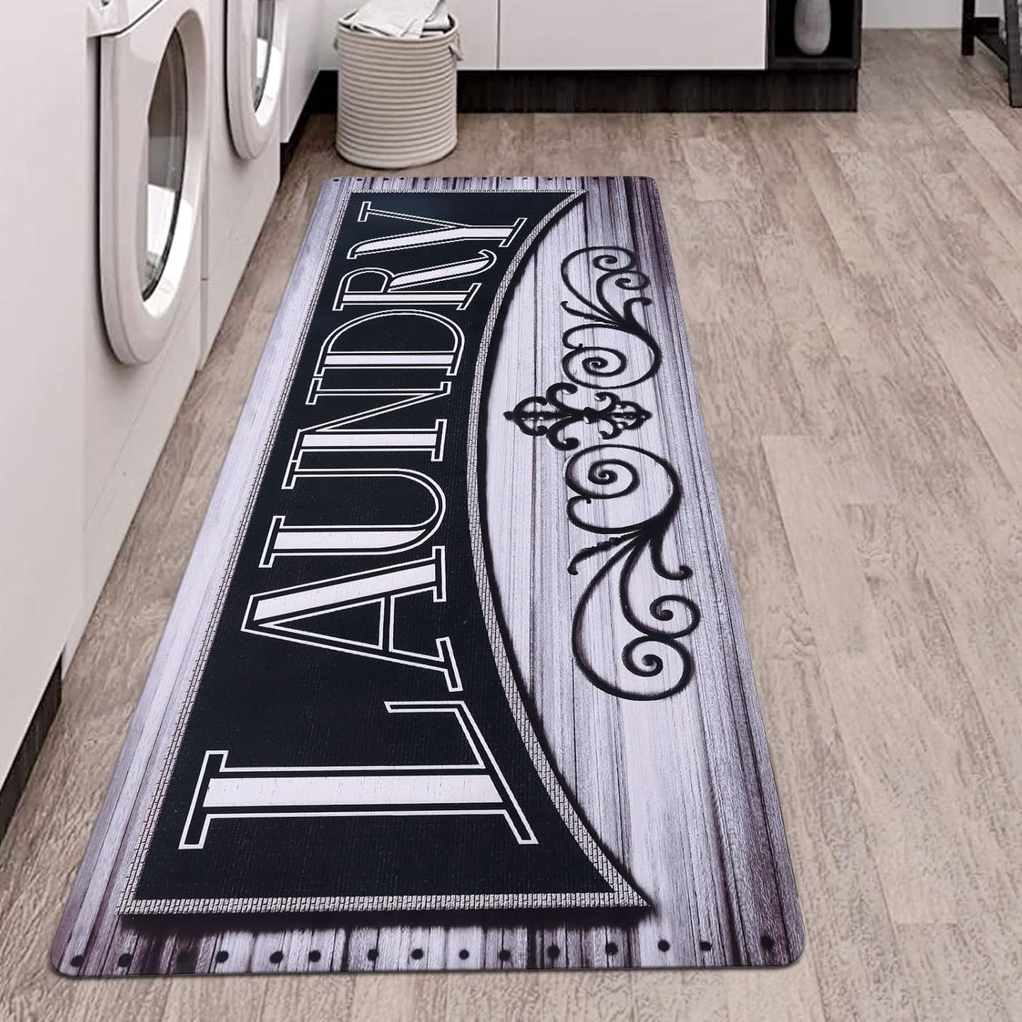 Laundry Room Rug Runner Non-Slip Runner Rug with Rubber Backing Waterproof Stain-Resistant Laundry Rug Farmhouse Laundry Mat Laundry Rugs and Mats (20" x 48", Black & Grayish-White)