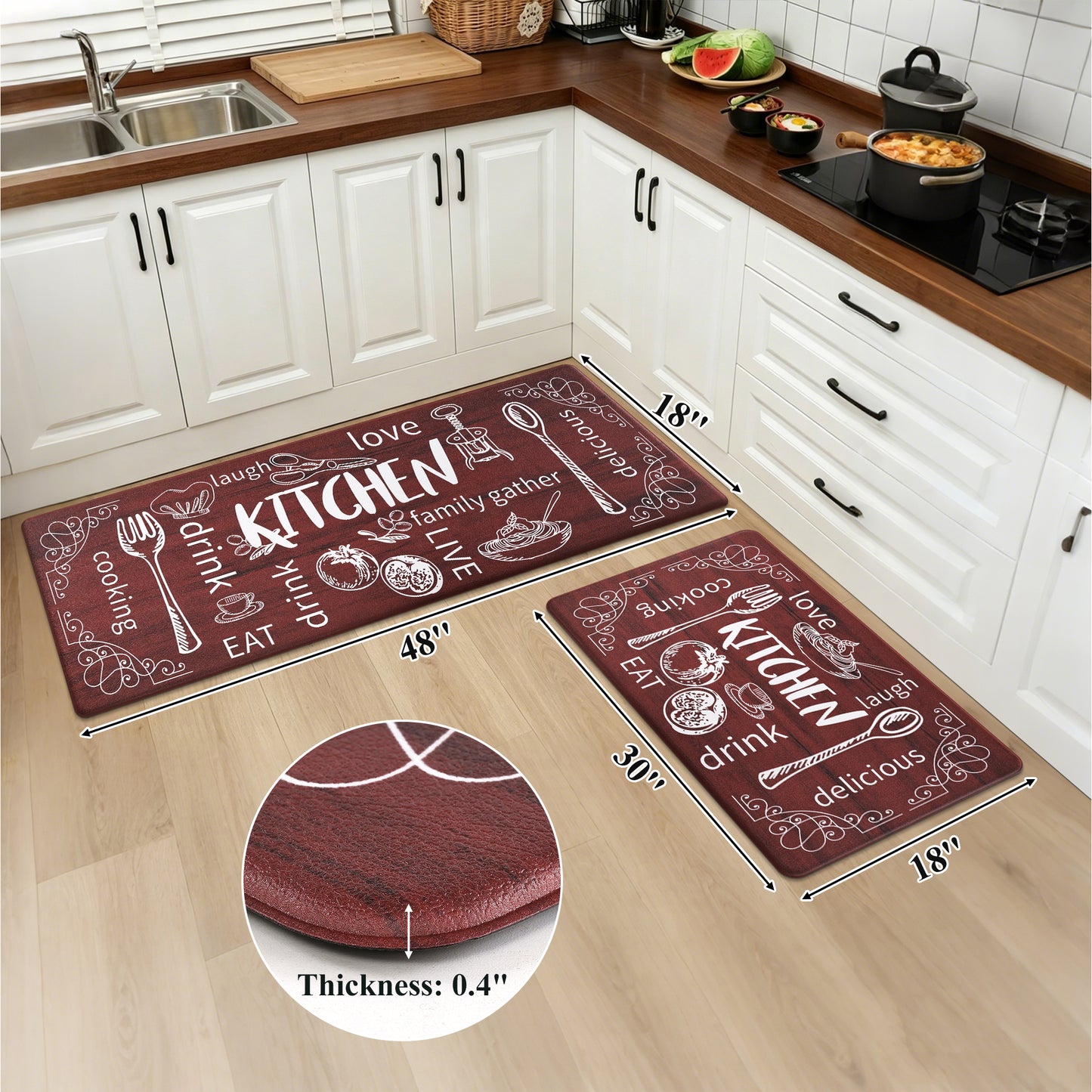HEBE Anti-Fatigue Kitchen Rug Set of 2, Non-Slip Waterproof Cushioned Mats