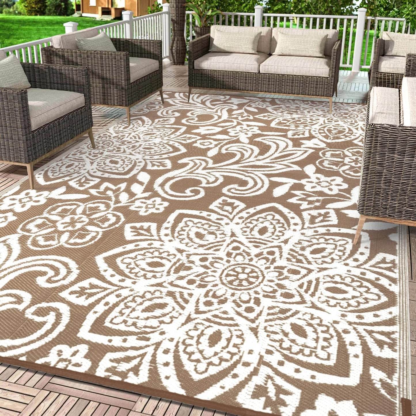 Waterproof Outdoor Rug, Reversible Mandala Outdoor Plastic Straw Rug, Durable Foldable Patio Rug for RV, Deck, Balcony, Backyard, Picnic, Porch, Camping, Beach
