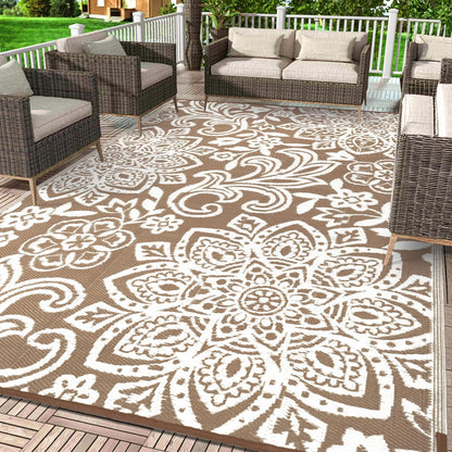 Waterproof Outdoor Rug, Reversible Mandala Outdoor Plastic Straw Rug, Durable Foldable Patio Rug for RV, Deck, Balcony, Backyard, Picnic, Porch, Camping, Beach