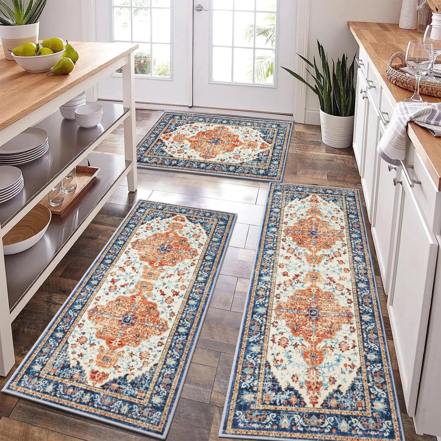 Washable Kitchen Runner Rug Vintage Farmhouse Non Slip Accent Carpet Runner Set of 3 Grey