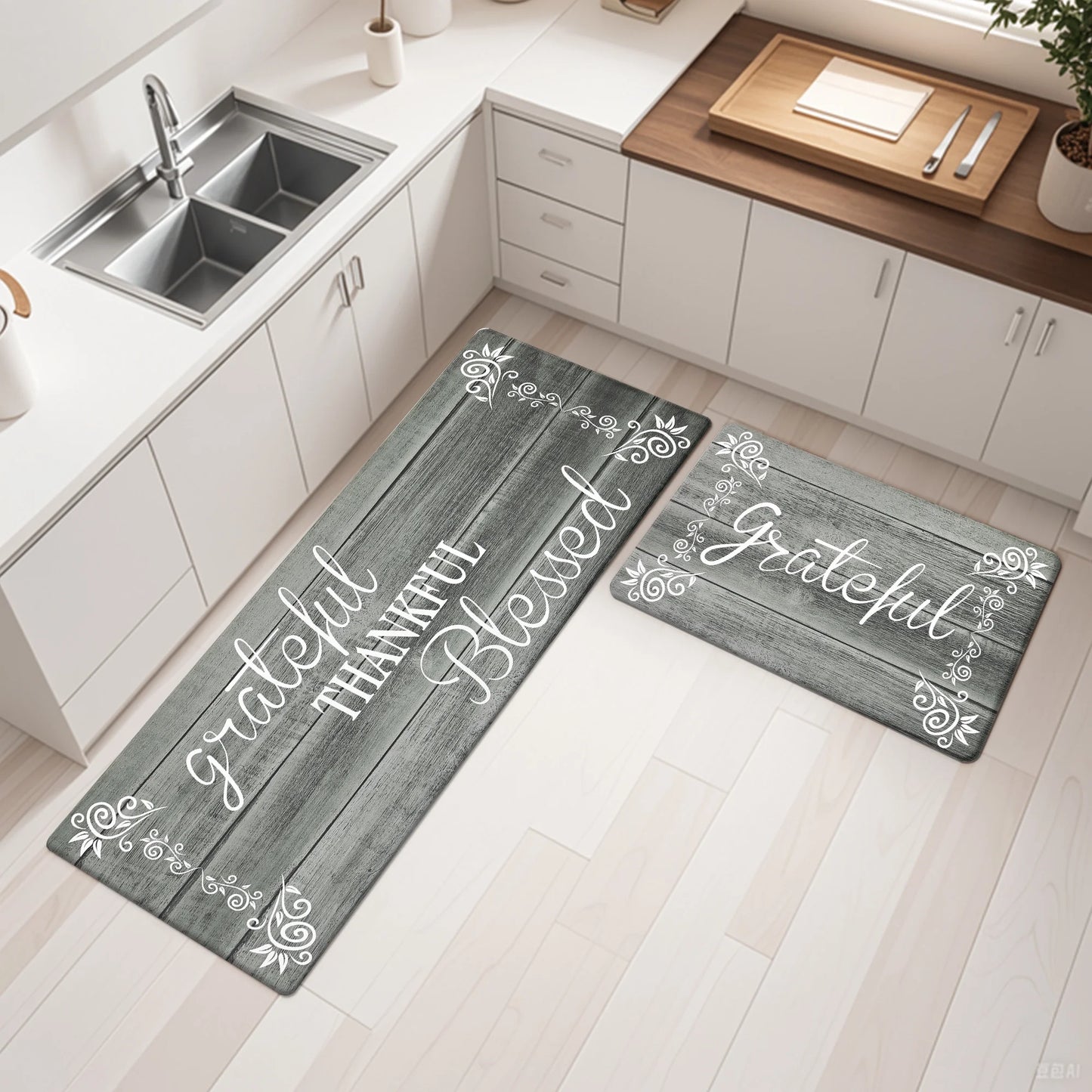 HEBE Farmhouse Kitchen Rug Set of 2, Non-Slip Anti-Fatigue Waterproof Cushioned Mat for Kitchen, Dining & Laundry Room, 18"x30"+18"x48"