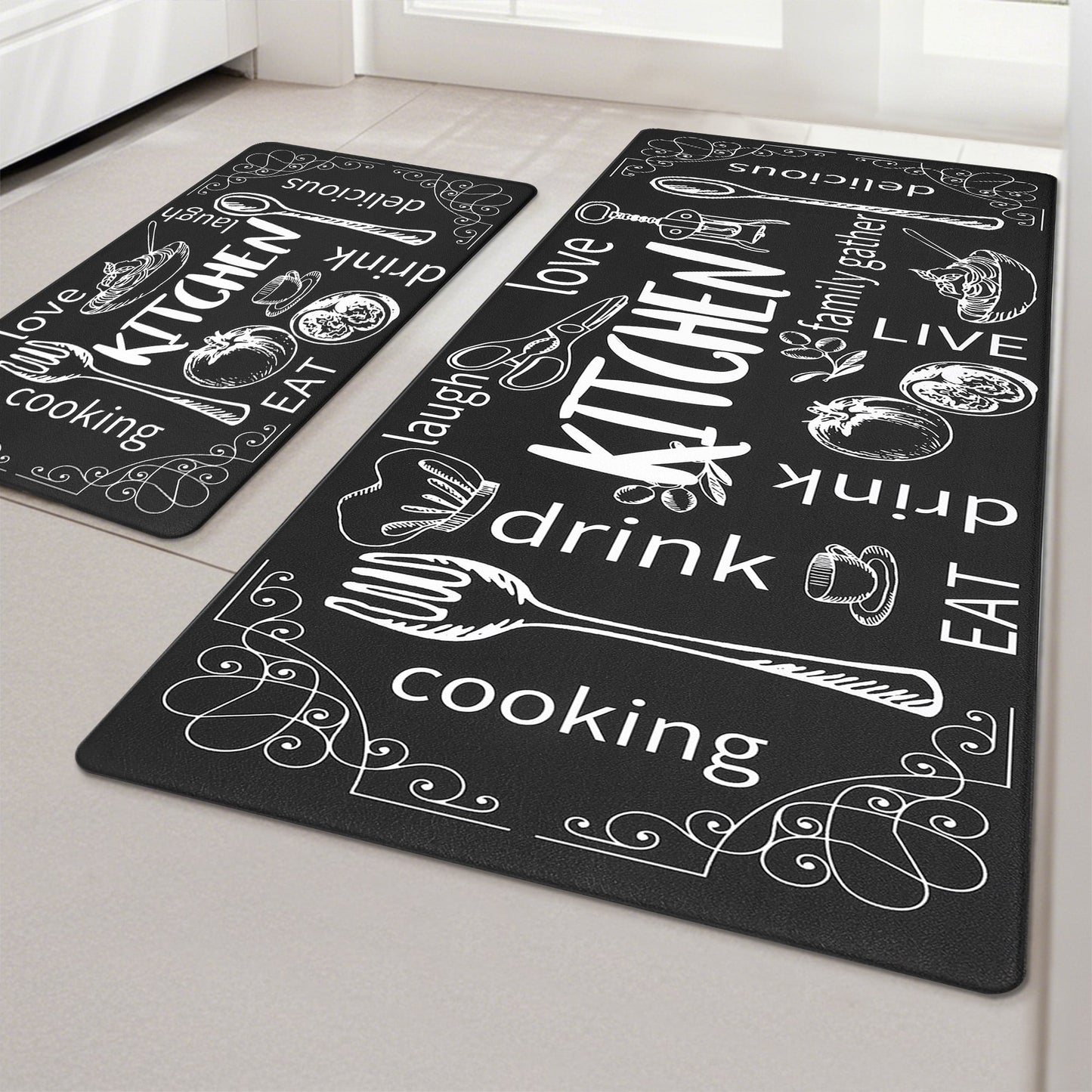 HEBE Farmhouse Kitchen Rug Set of 2, Non-Slip Anti-Fatigue Waterproof Cushioned Mat for Kitchen, Dining & Laundry Room, 18"x30"+18"x48"