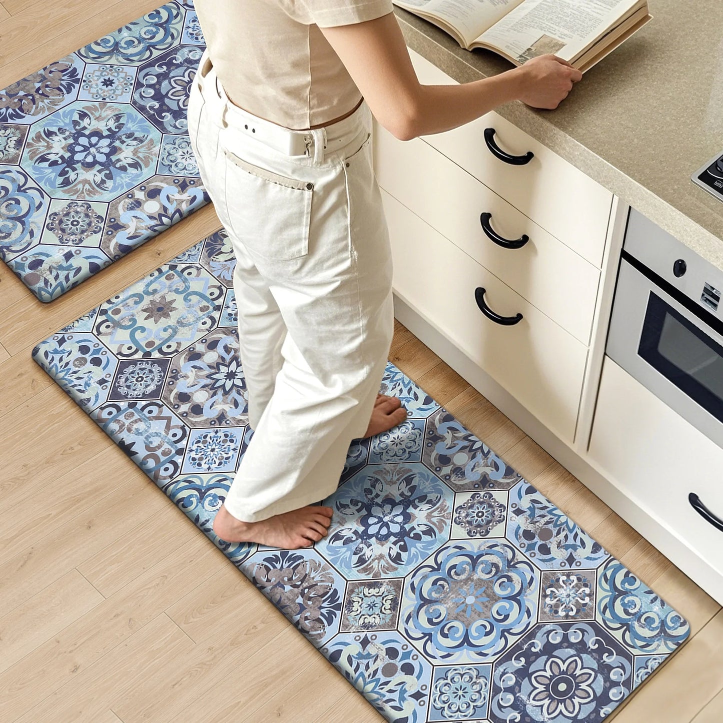HEBE Boho Kitchen Rug Set of 2, Non-Slip Anti-Fatigue Waterproof Cushioned Mat for Kitchen, Dining & Laundry Room, 18"x30"+18"x48"
