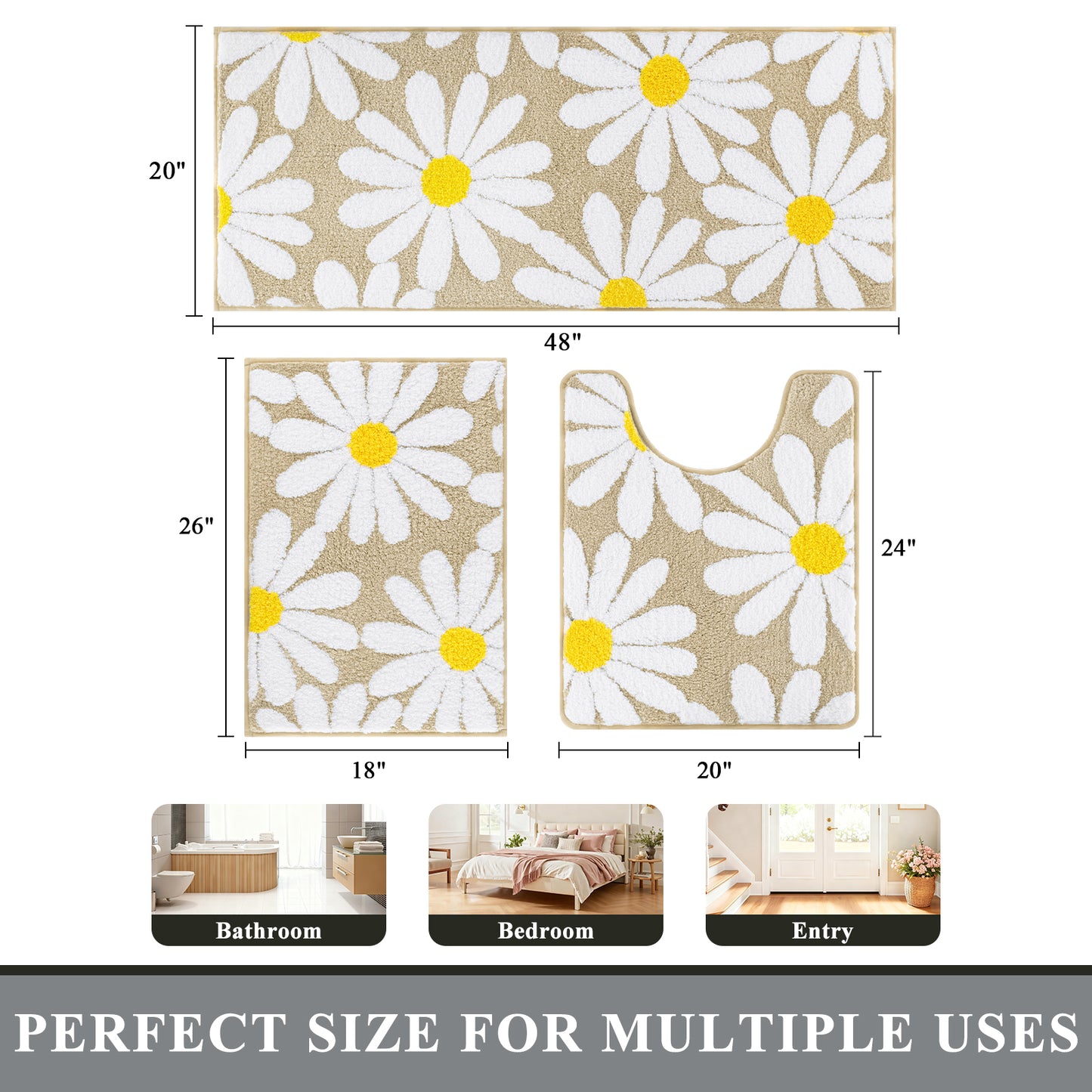 HEBE Boho Bathroom Rugs Set 3 Piece, Non Slip Washable Bath Mat Set