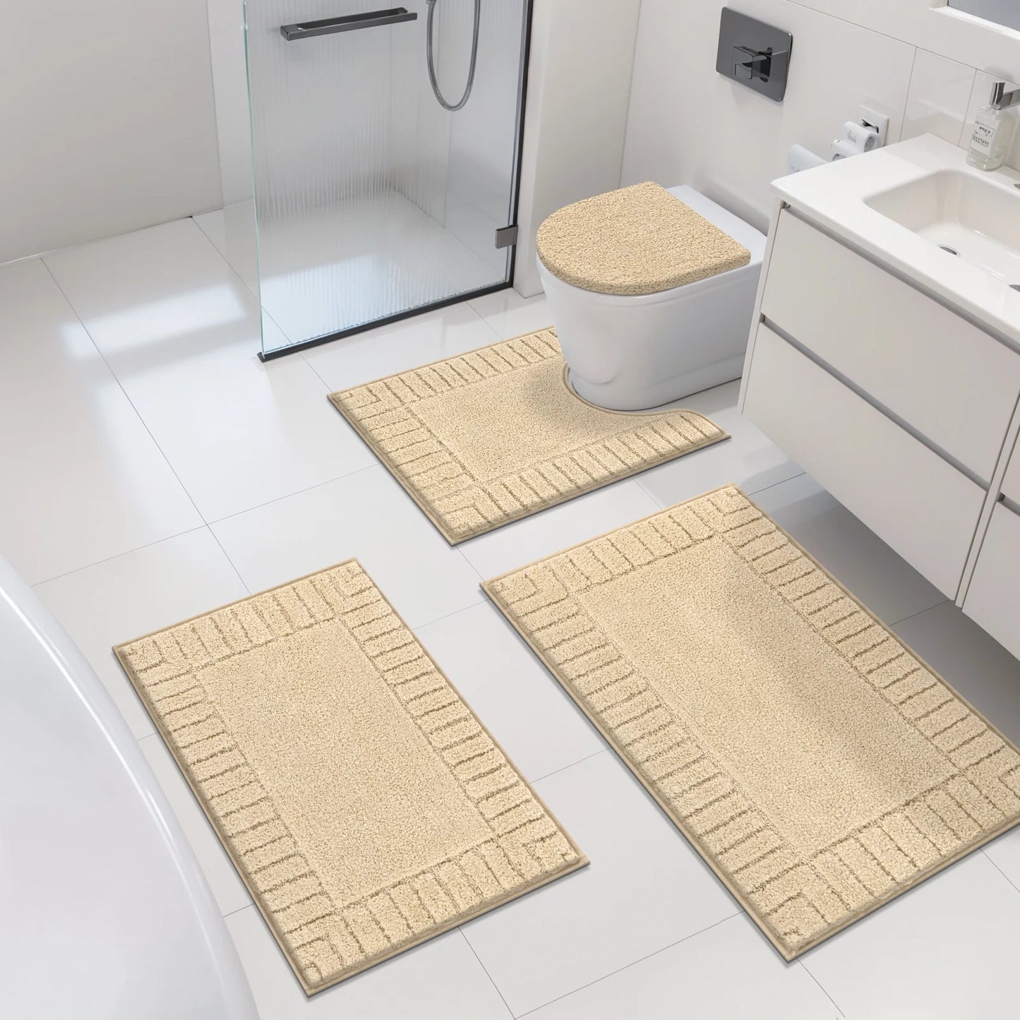 HEBE Bathroom Rugs Set of 4 Piece, Bath Mats, Microfiber Non Slip Shaggy Ultra Soft Bathroom Runner with U Shaped Contour Toilet Mat for Bathroom, Shower Inside Floor, Beige