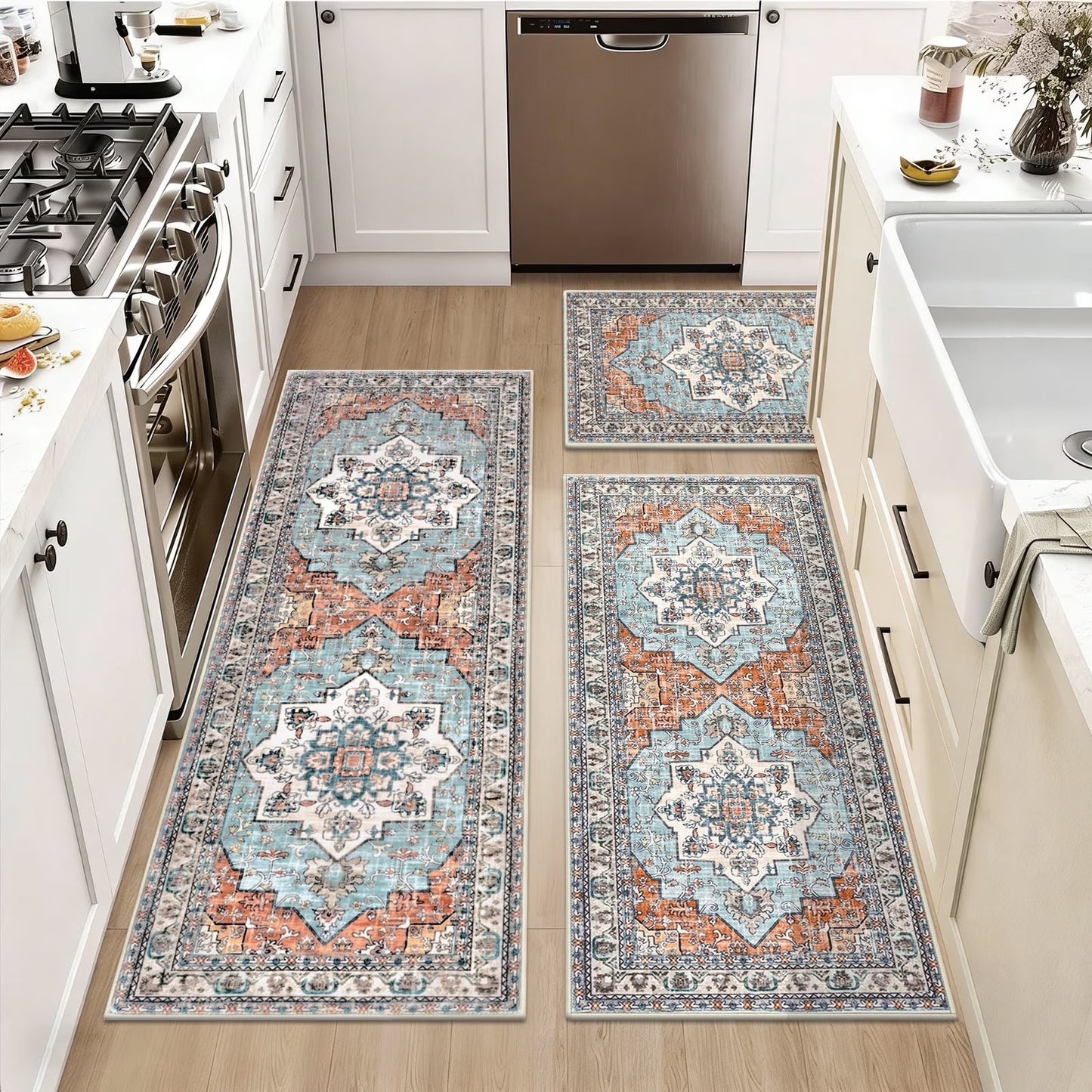 HEBE 3pcs Kitchen Rugs Set,Washable Boho Farmhouse Kitchen Mats