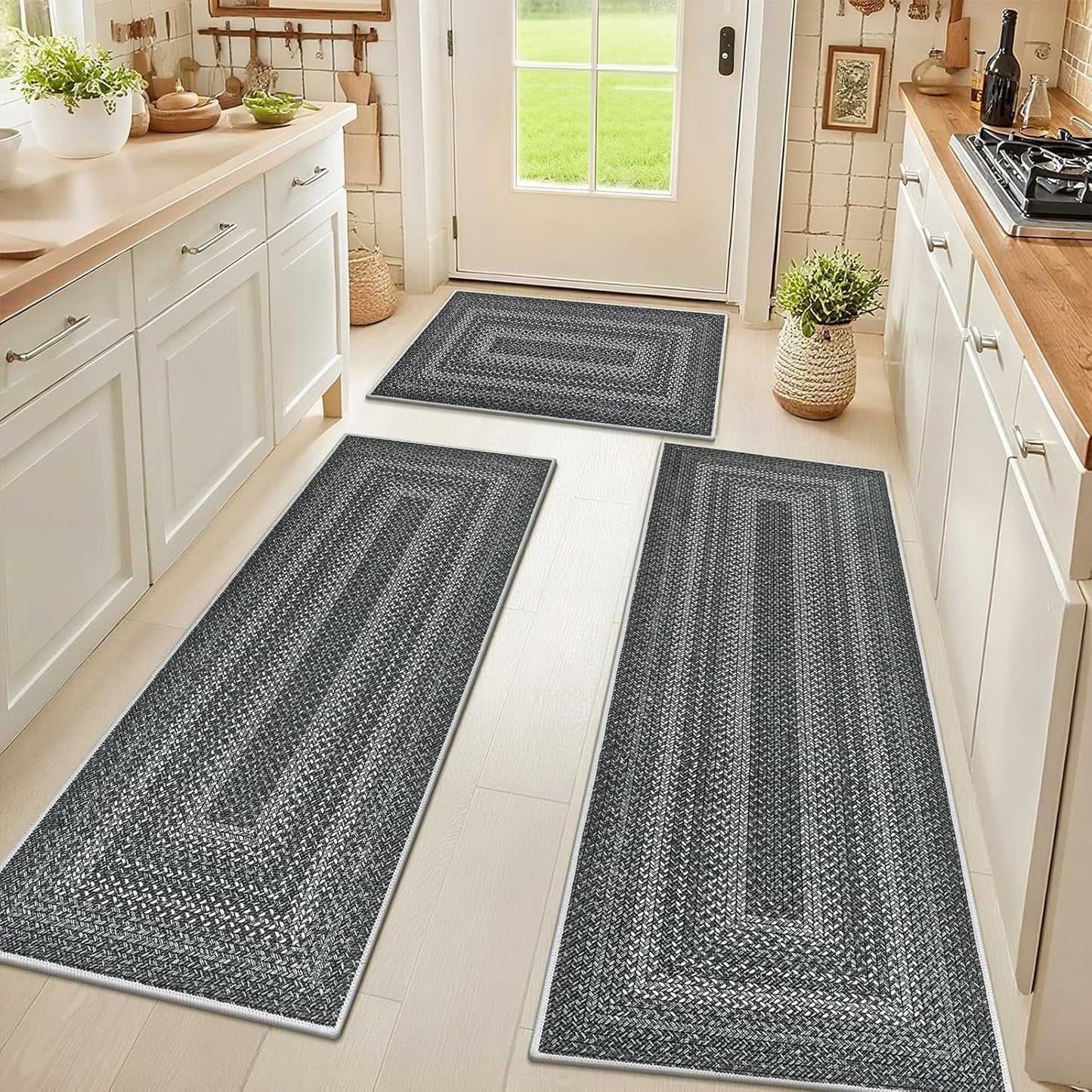 HEBE Boho Kitchen Rugs Sets 3 Piece with Runner Non Slip Kitchen Mats for Floor Washable Bohemian Runner Rug Set of 3 ﻿