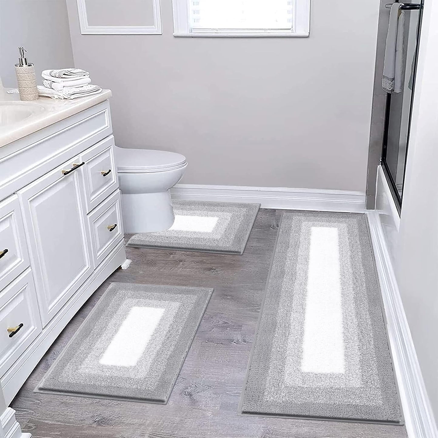 HEBE Microfiber Bathroom Rugs Sets 3 Piece, Non Slip Bath Rugs for Bathroom, Absorbent Plush Shaggy Bath Mat with U-Shaped Contour Toilet Mat Machine Washable