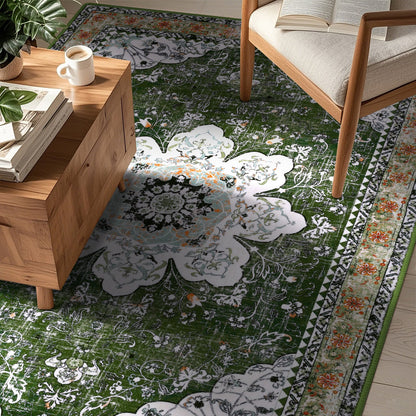 HEBE Bohemian Vintage Area Rug Machine Washable Low-Pile Accent Carpet, Non-Shedding Non-Slip Living Room Floor Throw Rugs for Bedroom,Dining Room,Kids Playroom,Rv,Office(Green)