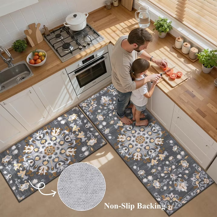 HEBE 3pcs Washable Kitchen Rug Set,Non-Slip Floral Boho Kitchen Mats Kitchen Runner Rug Floor Carpet 20"x32"+20"x48"+20"x59"