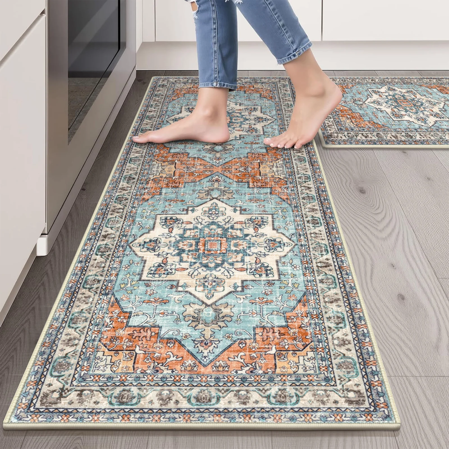 HEBE 3pcs Kitchen Rugs Set,Washable Boho Farmhouse Kitchen Mats