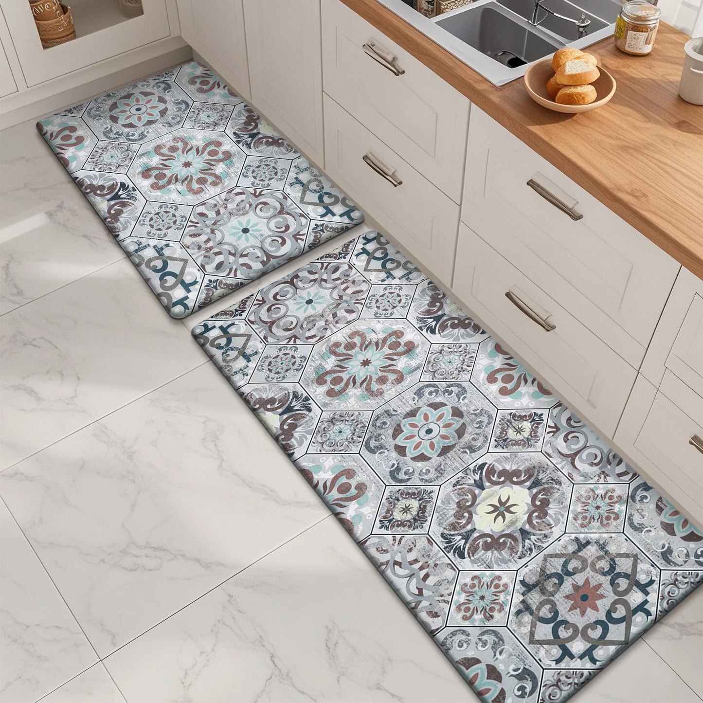 HEBE Boho Kitchen Rug Set of 2, Non-Slip Anti-Fatigue Waterproof Cushioned Mat for Kitchen, Dining & Laundry Room, 18"x30"+18"x48"