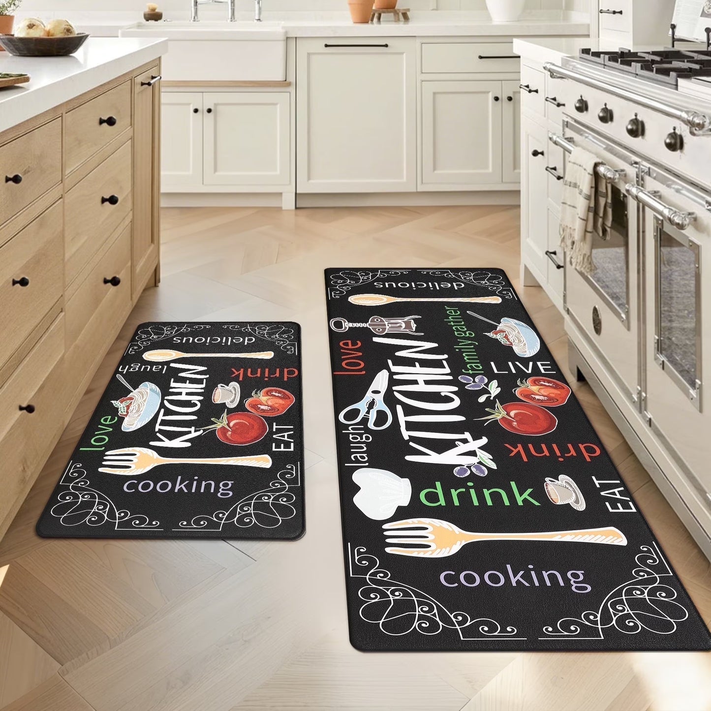 HEBE Farmhouse Kitchen Rug Set of 2, Non-Slip Anti-Fatigue Waterproof Cushioned Mat for Kitchen, Dining & Laundry Room, 18"x30"+18"x48"