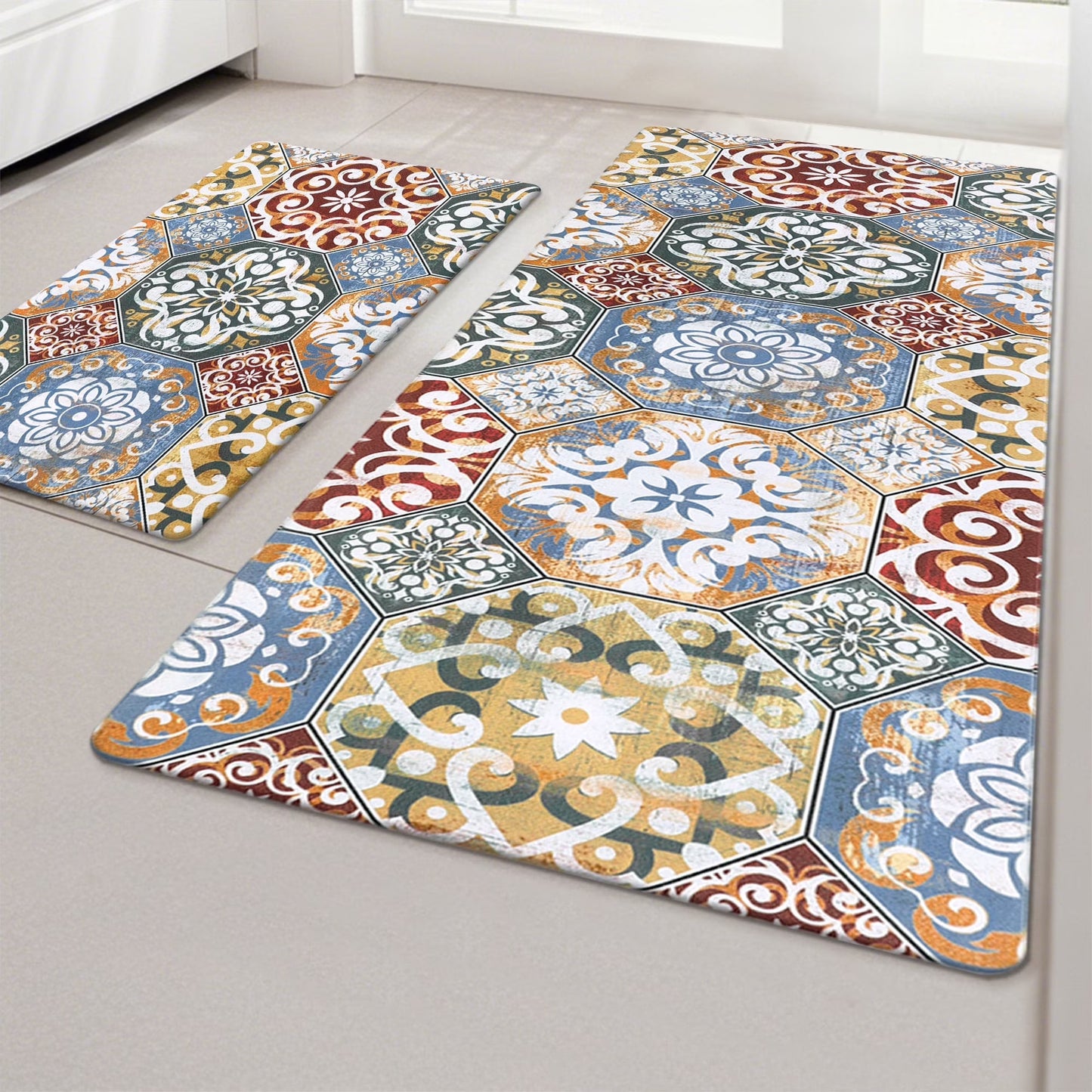 HEBE Boho Kitchen Rug Set of 2, Non-Slip Anti-Fatigue Waterproof Cushioned Mat for Kitchen, Dining & Laundry Room, 18"x30"+18"x48"