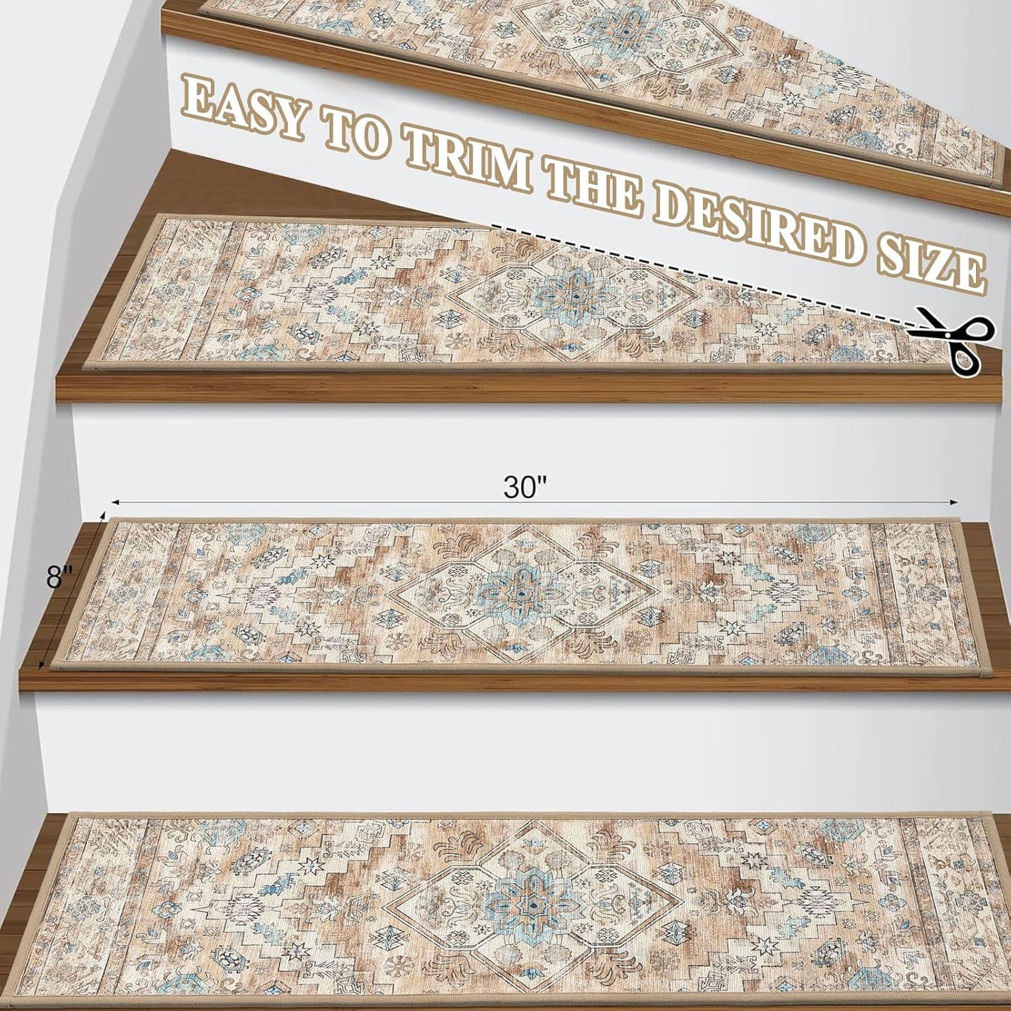 Carpet Stair Treads for Wooden Steps Indoor 8" X 30" Peel and Stick Stair Treads Non Slip Staircase Step Treads Reusable Stair Runner Rugs for Dogs, Kids and Elders, Cream Tan