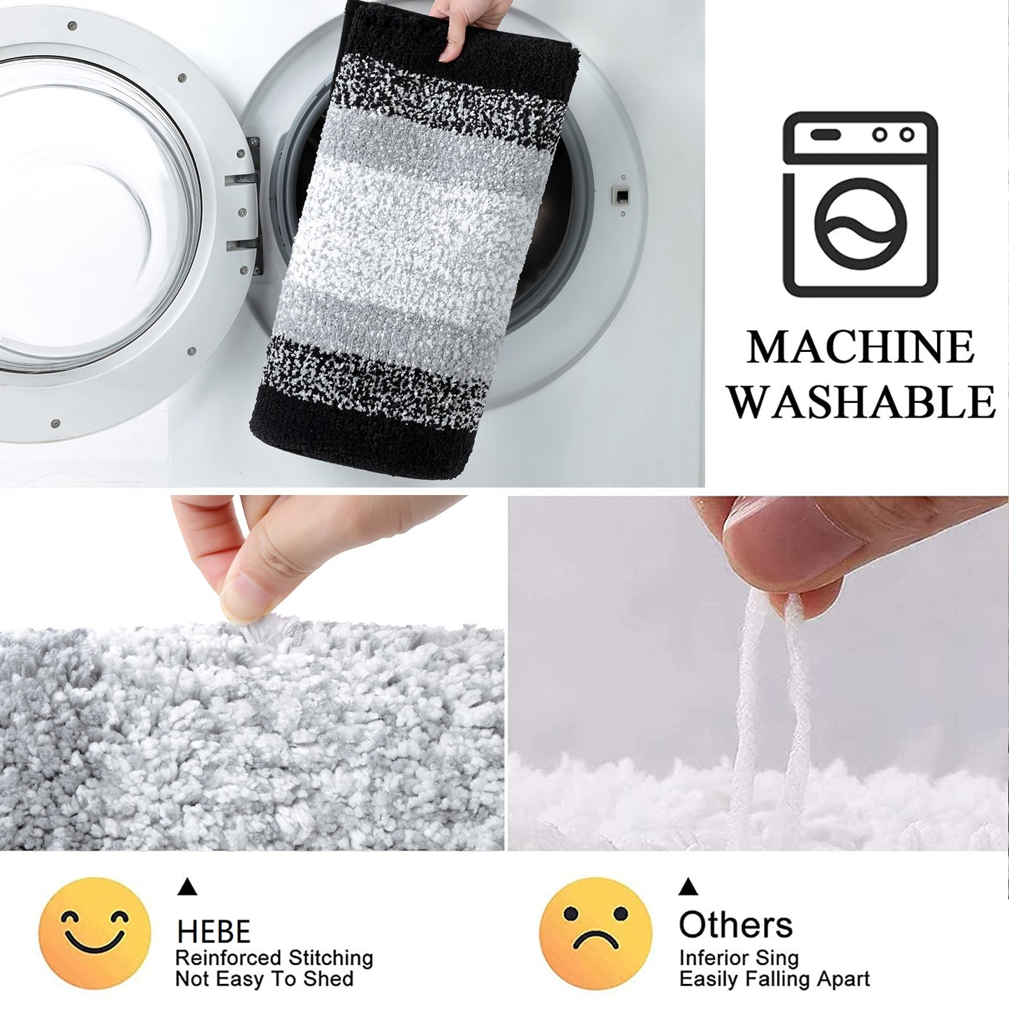 HEBE Bathroom Rug Set 2 Piece, Non-Slip Plush Shaggy Bath Mat, Soft Shaggy Absorbent Microfiber Bath Rugs Machine Washable Bath Mat with U-Shaped Toilet Mat for Bathroom