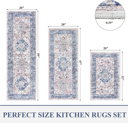 Kitchen Rugs Sets of 3 Non Slip Washable Kitchen Mats for Floor Farmhouse Kitchen Floor Mat Runner Rug Boho Kitchen Sink Rug Carpet for Kitchen Hallway Laundry Room