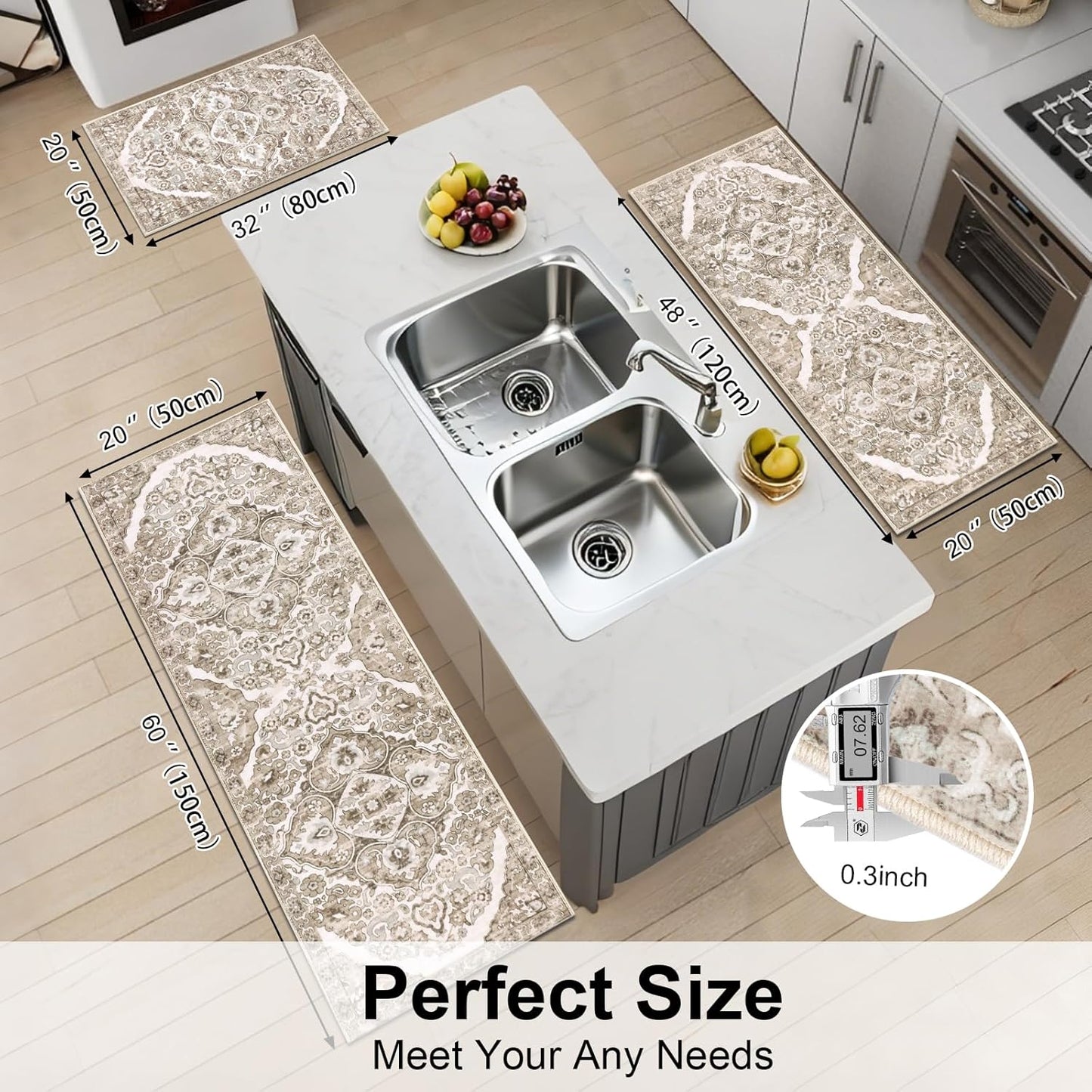 Farmhouse Kitchen Rugs Sets of 3 Non Slip Washable Boho Kitchen Rugs and Mats for Floor Kitchen Runner Rug Floor Carpet for Kitchen, Laundry, Hallways