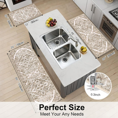 Farmhouse Kitchen Rugs Sets of 3 Non Slip Washable Boho Kitchen Rugs and Mats for Floor Kitchen Runner Rug Floor Carpet for Kitchen, Laundry, Hallways