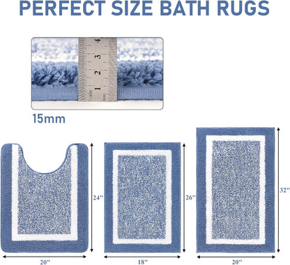 HEBE Bathroom Rug Mat Set 3 Piece, Microfiber Shaggy Bath Mat Set