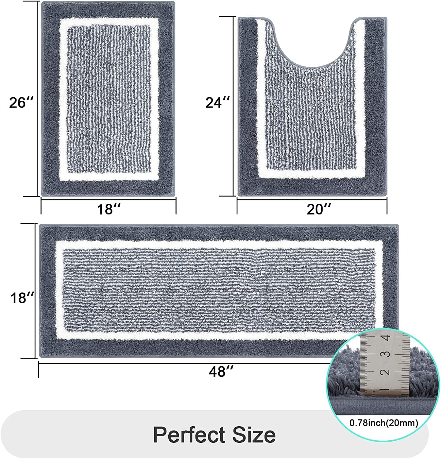 Bathroom Rug Set 3 Piece Non Slip Absorbent Bath Mats Set Microfiber Soft Bathroom Mat Plush Shaggy Bath Rugs Includes U-Shaped Toilet Mat for Bath Floor, Shower