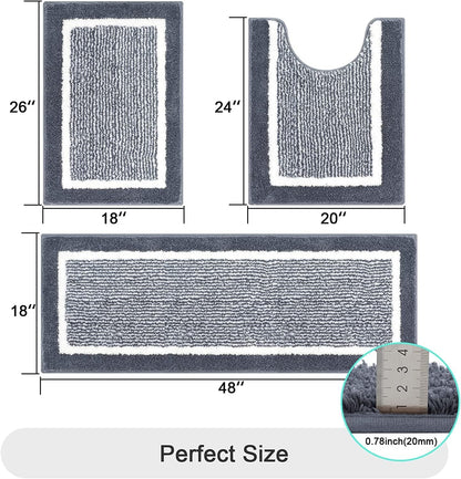 Bathroom Rug Set 3 Piece Non Slip Absorbent Bath Mats Set Microfiber Soft Bathroom Mat Plush Shaggy Bath Rugs Includes U-Shaped Toilet Mat for Bath Floor, Shower