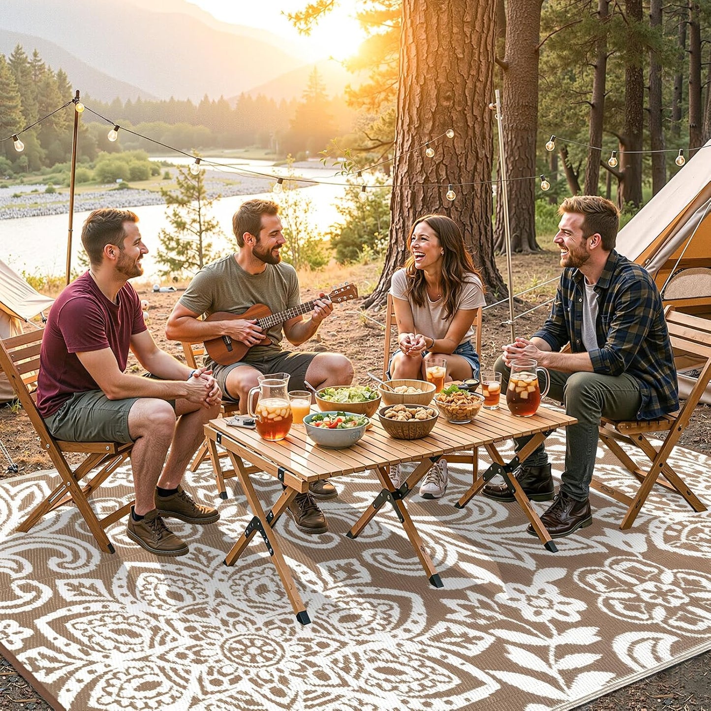 Waterproof Outdoor Rug, Reversible Mandala Outdoor Plastic Straw Rug, Durable Foldable Patio Rug for RV, Deck, Balcony, Backyard, Picnic, Porch, Camping, Beach
