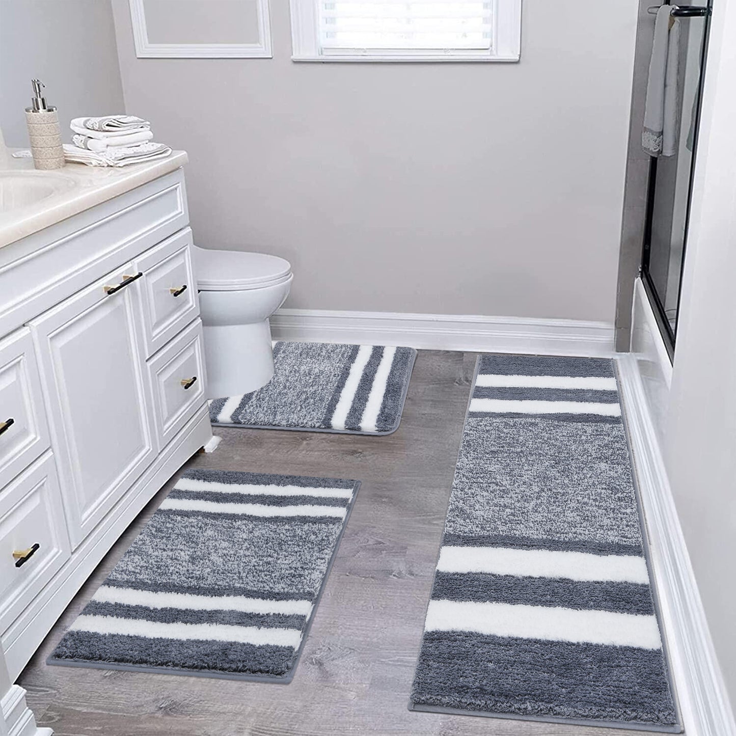 HEBE Bathroom Rugs Sets 3 Piece Bathroom Shower Rugs with U-Shaped Contour Toilet Mat Absorbent Microfiber Plush Bath Mats Non Slip Bath Rugs Machine Washable Shaggy Bath Mat Set, Dark Grey