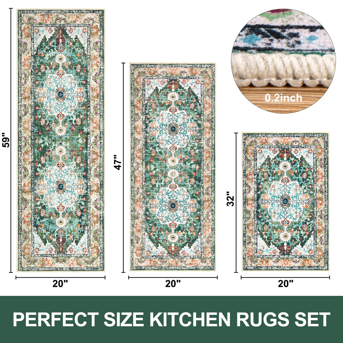 Washable Kitchen Runner Rug Vintage Farmhouse Non Slip Accent Carpet Runner Set of 3 Grey