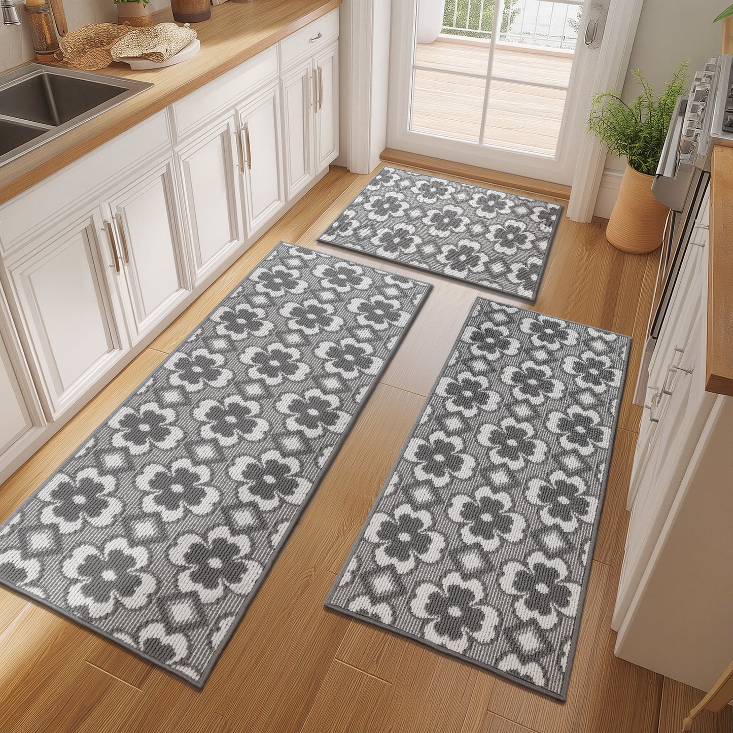 Kitchen Mat Sets 3 Piece Minimalist 3D Lattice Kitchen Floor Rugs with Non Slip Rubber Backing