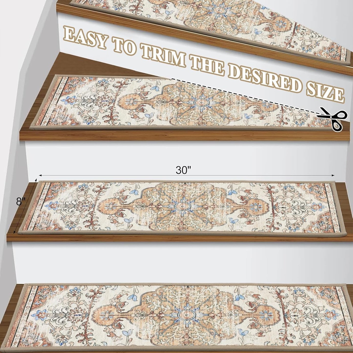 Carpet Stair Treads for Wooden Steps Indoor 8" X 30" Peel and Stick Stair Treads Non Slip Staircase Step Treads Reusable Stair Runner Rugs for Dogs, Kids and Elders