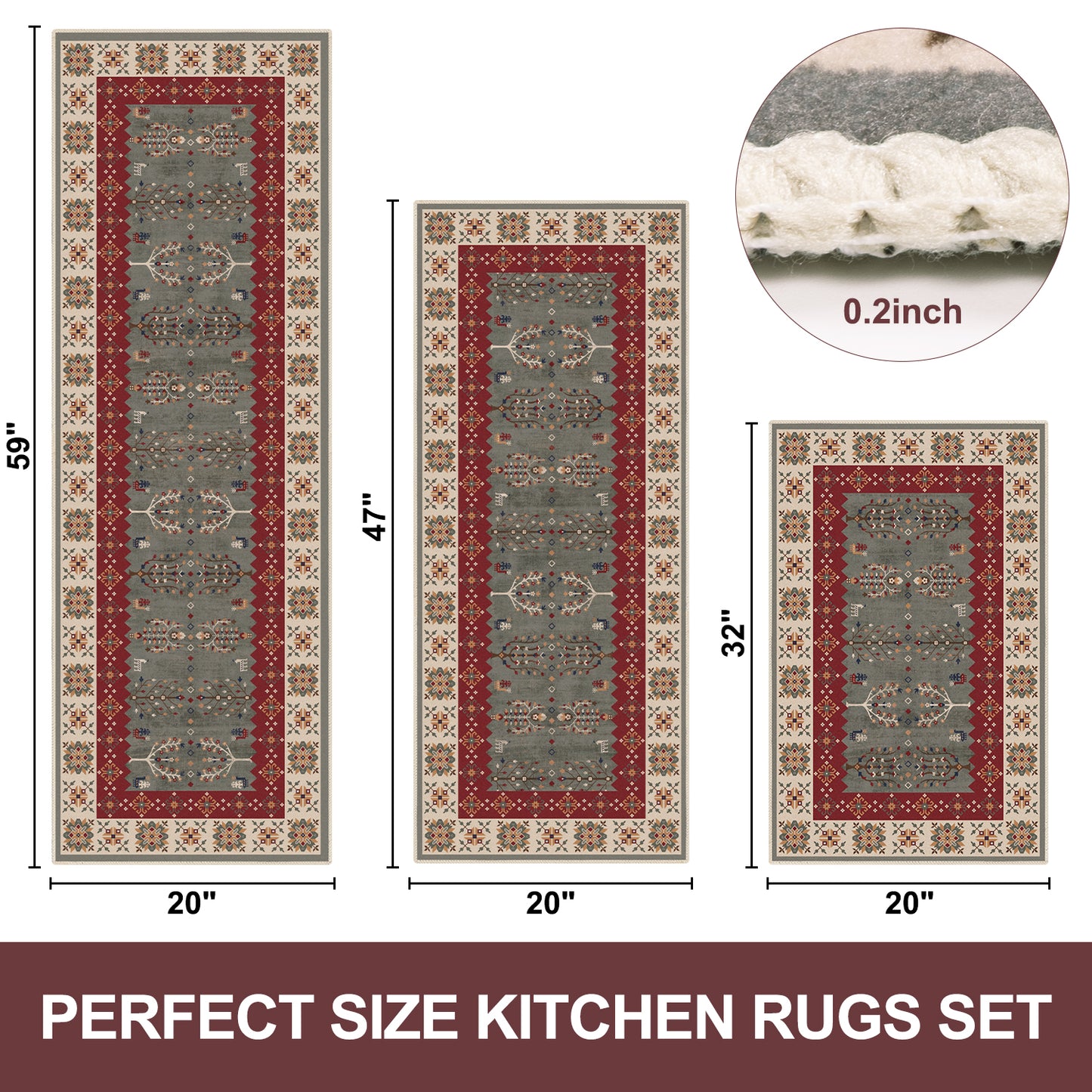 Kitchen Rug Set 3Pcs, Boho Rug Sets Non Slip Washable for Floor Thick Farmhouse Kitchen Decor Runner Rugs