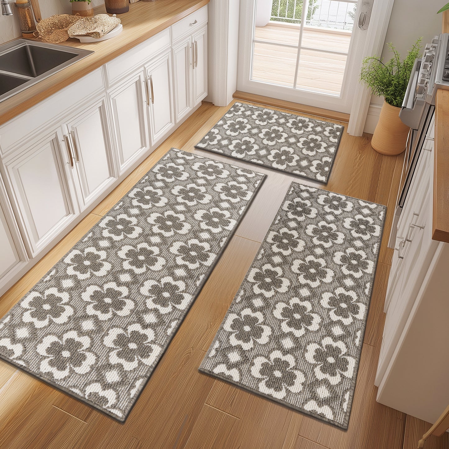 Kitchen Mat Sets 3 Piece Minimalist 3D Lattice Kitchen Floor Rugs with Non Slip Rubber Backing