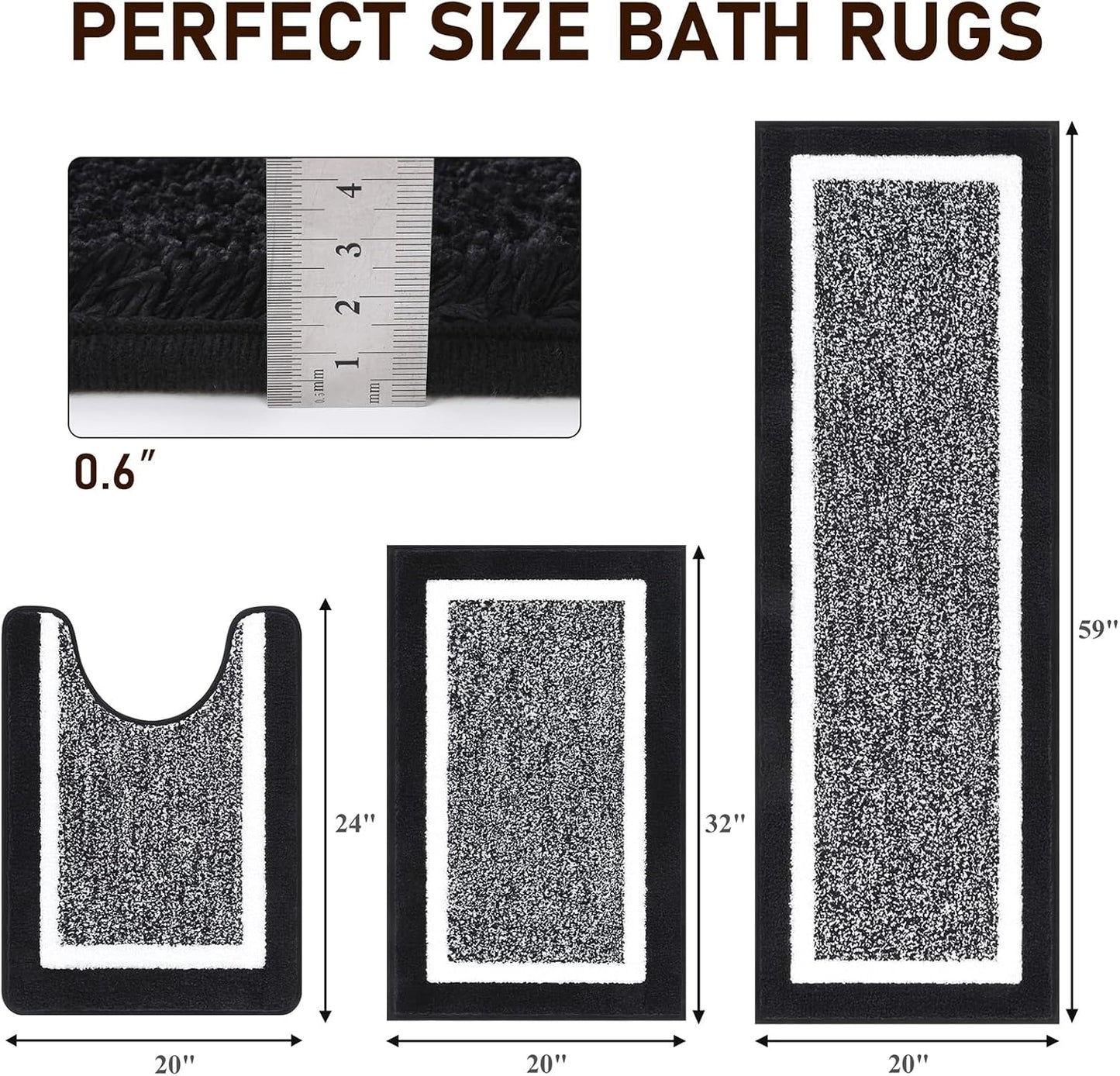 HEBE Bathroom Rug Mat Set 3 Piece, Non-Slip Ultra Soft Absorbent Bath Mat Set with U-Shaped Toilet Rug