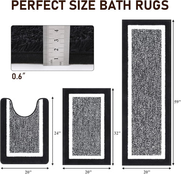 HEBE Bathroom Rug Mat Set 3 Piece, Non-Slip Ultra Soft Absorbent Bath Mat Set with U-Shaped Toilet Rug