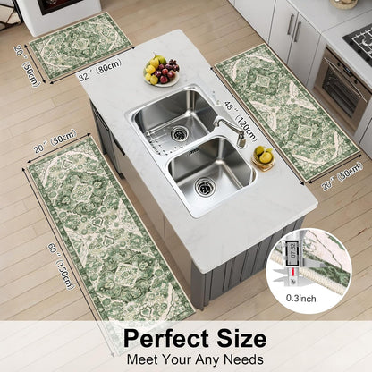 Farmhouse Kitchen Rugs Sets of 3 Non Slip Washable Boho Kitchen Rugs and Mats for Floor Kitchen Runner Rug Floor Carpet for Kitchen, Laundry, Hallways