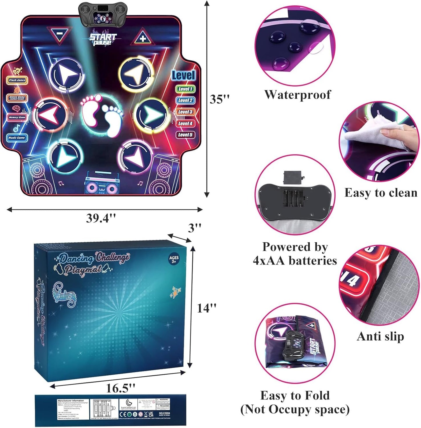 Dance Mat for Kids 1 Player,2 Player, Musical Dance Game Pad with LED Lights, Educational Dancing Playmat Toys for Girls Boys Ages 3-12, Portable Non-Slip Dance Floor Mat, Birthday, Blue Pink