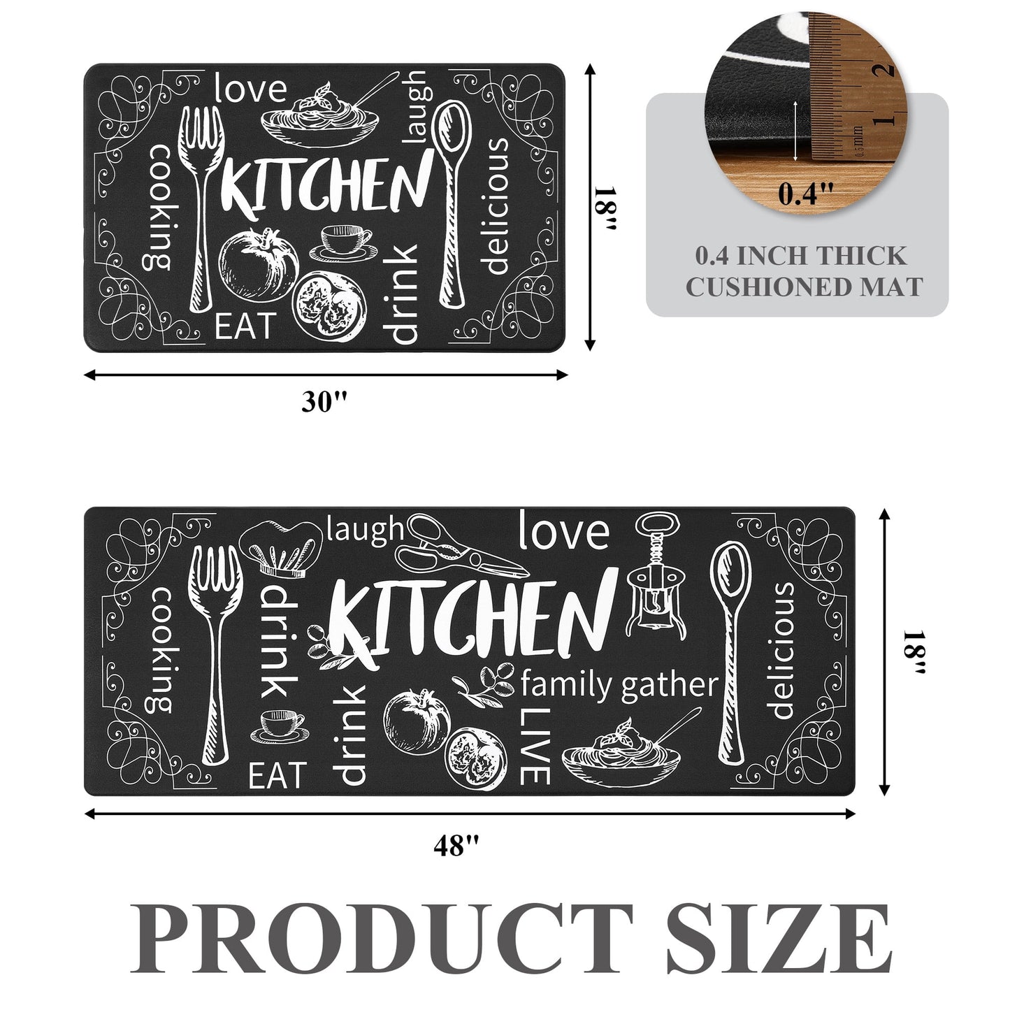 HEBE Farmhouse Kitchen Rug Set of 2, Non-Slip Anti-Fatigue Waterproof Cushioned Mat for Kitchen, Dining & Laundry Room, 18"x30"+18"x48"