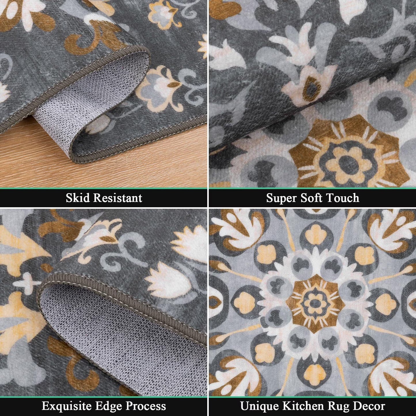 HEBE 3pcs Washable Kitchen Rug Set,Non-Slip Floral Boho Kitchen Mats Kitchen Runner Rug Floor Carpet 20"x32"+20"x48"+20"x59"